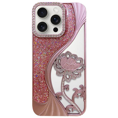 Electroplated TPU Lotus Hollow-carved  Rhinestone Glitter Phone Case, For iPhone 16 Pro, For iPhone 16, For iPhone 15 Pro Max, For iPhone 15 Pro
