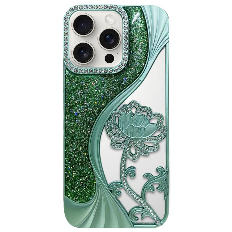 Electroplated TPU Lotus Hollow-carved  Rhinestone Glitter Phone Case, For iPhone 16 Pro, For iPhone 16, For iPhone 15 Pro Max, For iPhone 15 Pro