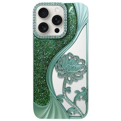 Electroplated TPU Lotus Hollow-carved  Rhinestone Glitter Phone Case, For iPhone 16 Pro, For iPhone 16, For iPhone 15 Pro Max, For iPhone 15 Pro