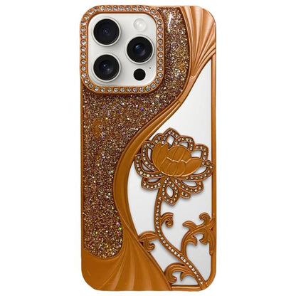 Electroplated TPU Lotus Hollow-carved  Rhinestone Glitter Phone Case, For iPhone 16 Pro, For iPhone 16, For iPhone 15 Pro Max, For iPhone 15 Pro