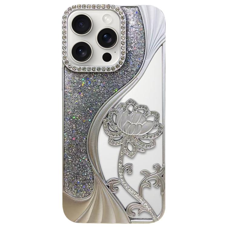 Electroplated TPU Lotus Hollow-carved  Rhinestone Glitter Phone Case, For iPhone 16 Pro, For iPhone 16, For iPhone 15 Pro Max, For iPhone 15 Pro