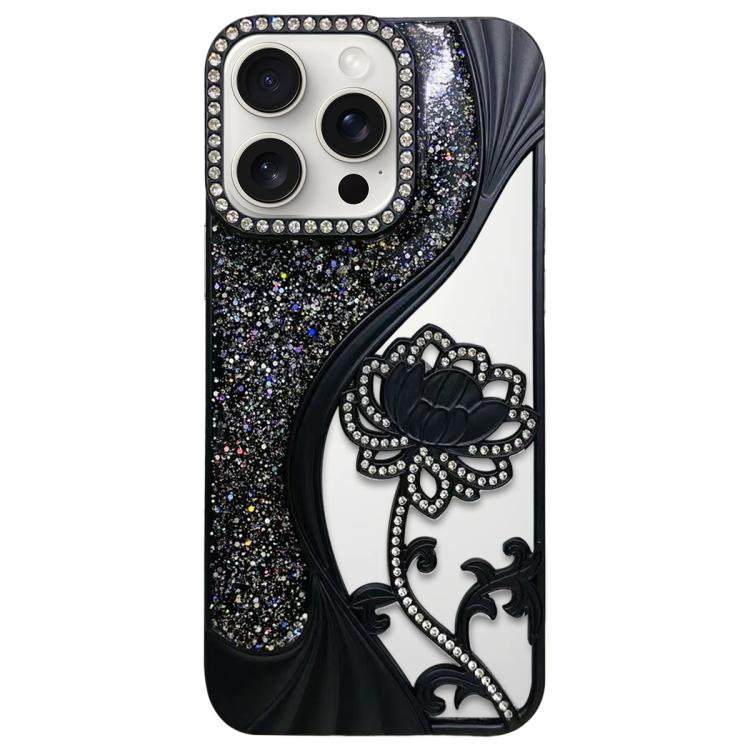 Electroplated TPU Lotus Hollow-carved  Rhinestone Glitter Phone Case, For iPhone 16 Pro, For iPhone 16, For iPhone 15 Pro Max, For iPhone 15 Pro