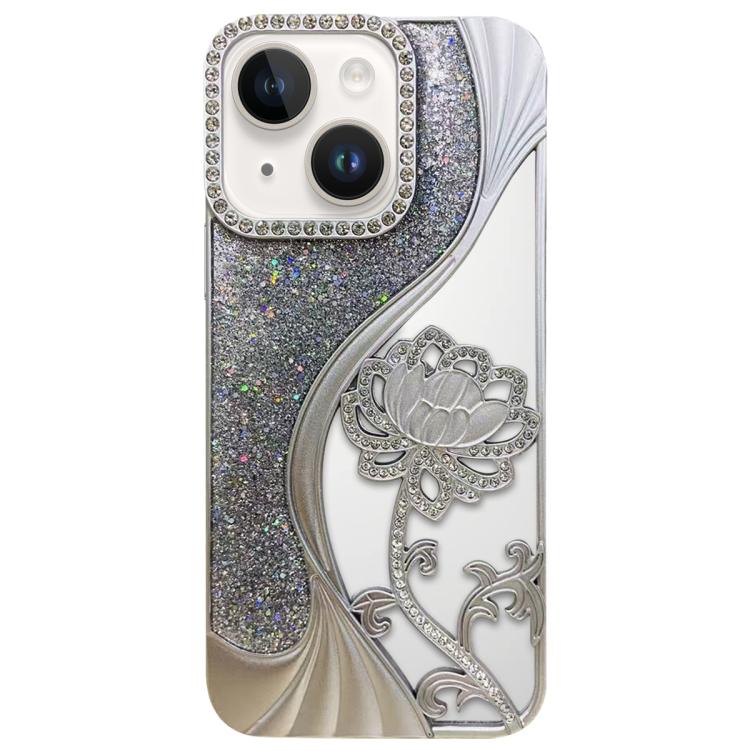 Electroplated TPU Lotus Hollow-carved  Rhinestone Glitter Phone Case, For iPhone 15, For iPhone 14, For iPhone 14 Pro, For iPhone 14 Pro Max