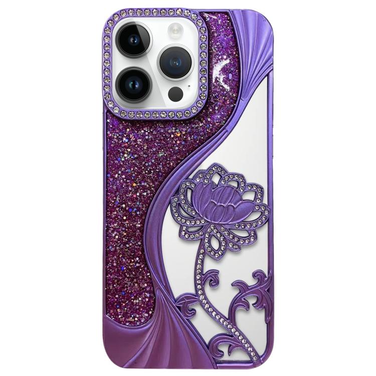 Electroplated TPU Lotus Hollow-carved  Rhinestone Glitter Phone Case, For iPhone 15, For iPhone 14, For iPhone 14 Pro, For iPhone 14 Pro Max