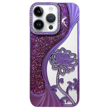 Electroplated TPU Lotus Hollow-carved  Rhinestone Glitter Phone Case, For iPhone 15, For iPhone 14, For iPhone 14 Pro, For iPhone 14 Pro Max