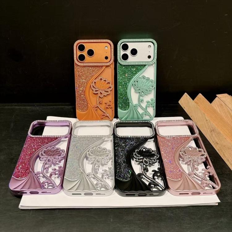 Electroplated TPU Lotus Hollow-carved  Rhinestone Glitter Phone Case, For iPhone 11 Pro Max, For iPhone 11