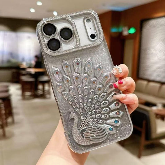 Electroplated TPU Peacock Relief Rhinestone Glitter Phone Case with Lens Film, For iPhone 17 Pro Max, For iPhone 17 Pro, For iPhone 17, For iPhone 16 Pro Max