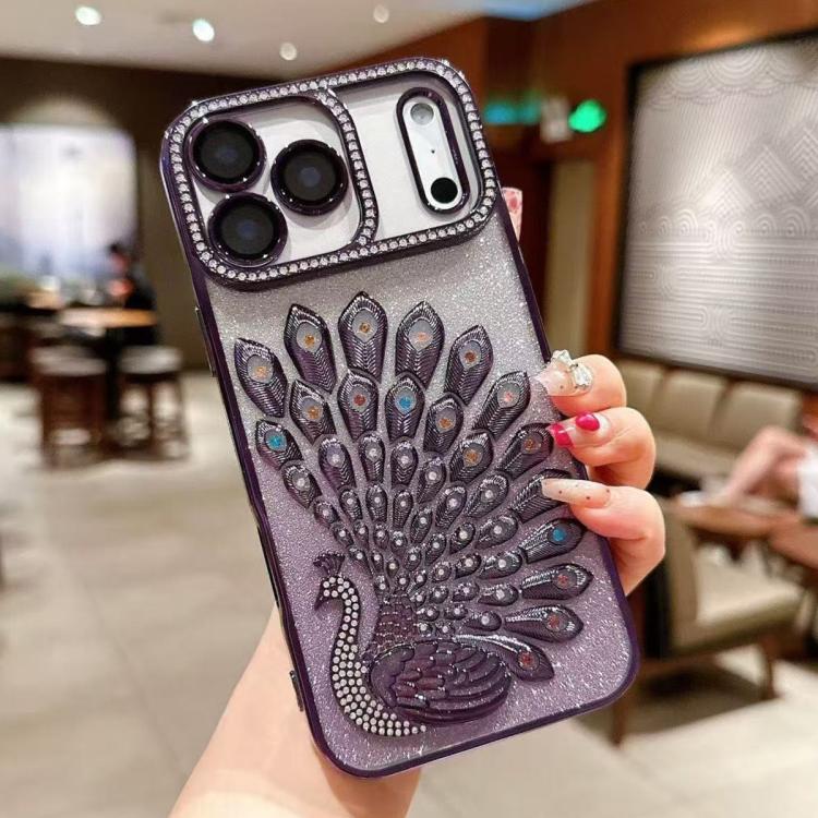 Electroplated TPU Peacock Relief Rhinestone Glitter Phone Case with Lens Film, For iPhone 17 Pro Max, For iPhone 17 Pro, For iPhone 17, For iPhone 16 Pro Max