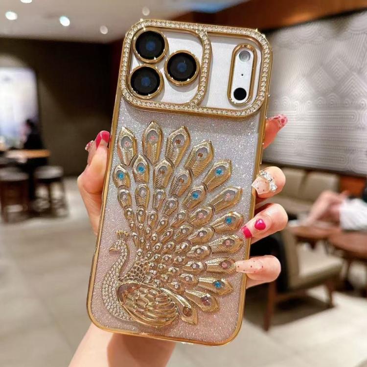 Electroplated TPU Peacock Relief Rhinestone Glitter Phone Case with Lens Film, For iPhone 17 Pro Max, For iPhone 17 Pro, For iPhone 17, For iPhone 16 Pro Max