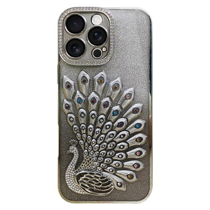 Electroplated TPU Peacock Relief Rhinestone Glitter Phone Case with Lens Film, For iPhone 16 Pro, For iPhone 16 Plus, For iPhone 16, For iPhone 15 Pro Max
