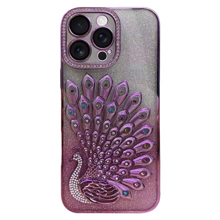 Electroplated TPU Peacock Relief Rhinestone Glitter Phone Case with Lens Film, For iPhone 16 Pro, For iPhone 16 Plus, For iPhone 16, For iPhone 15 Pro Max