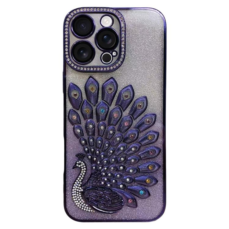 Electroplated TPU Peacock Relief Rhinestone Glitter Phone Case with Lens Film, For iPhone 16 Pro, For iPhone 16 Plus, For iPhone 16, For iPhone 15 Pro Max