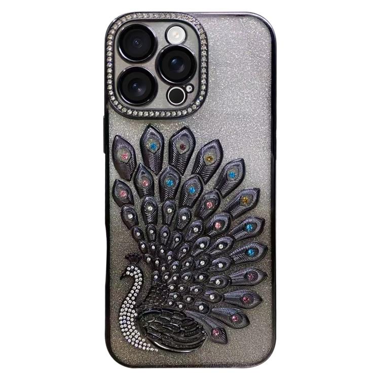 Electroplated TPU Peacock Relief Rhinestone Glitter Phone Case with Lens Film, For iPhone 16 Pro, For iPhone 16 Plus, For iPhone 16, For iPhone 15 Pro Max