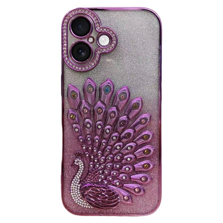 Electroplated TPU Peacock Relief Rhinestone Glitter Phone Case with Lens Film, For iPhone 16 Pro, For iPhone 16 Plus, For iPhone 16, For iPhone 15 Pro Max