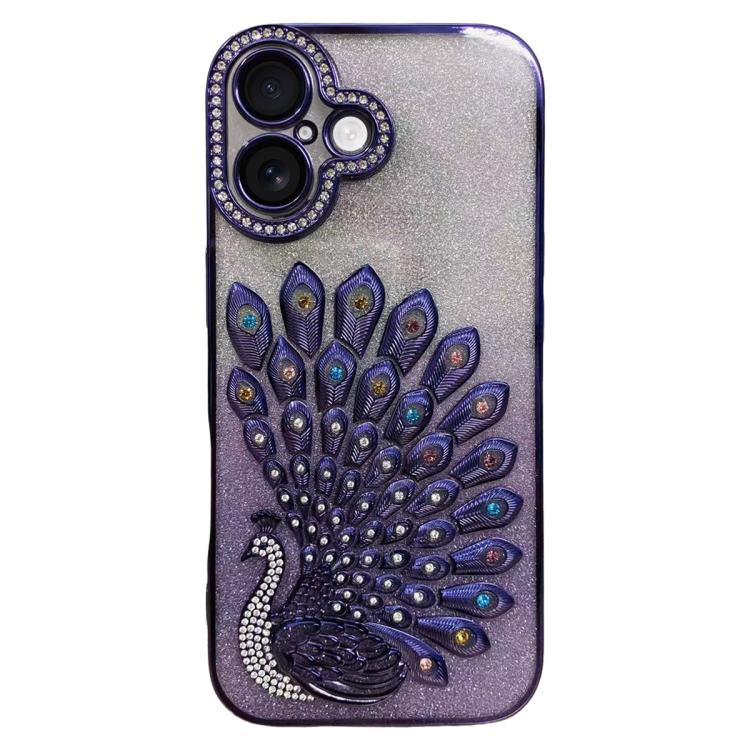 Electroplated TPU Peacock Relief Rhinestone Glitter Phone Case with Lens Film, For iPhone 16 Pro, For iPhone 16 Plus, For iPhone 16, For iPhone 15 Pro Max