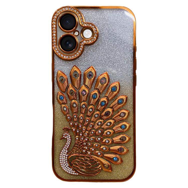 Electroplated TPU Peacock Relief Rhinestone Glitter Phone Case with Lens Film, For iPhone 16 Pro, For iPhone 16 Plus, For iPhone 16, For iPhone 15 Pro Max