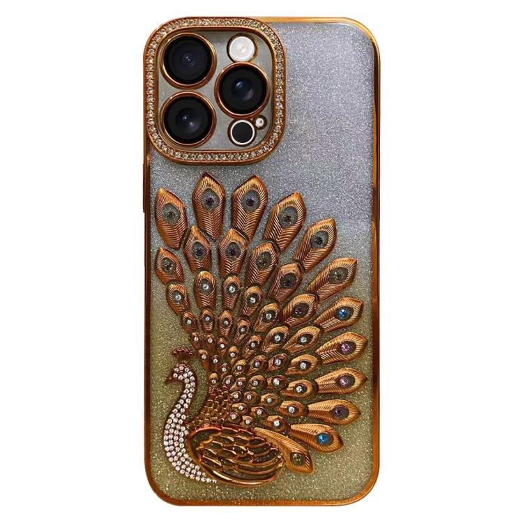 Electroplated TPU Peacock Relief Rhinestone Glitter Phone Case with Lens Film, For iPhone 16 Pro, For iPhone 16 Plus, For iPhone 16, For iPhone 15 Pro Max
