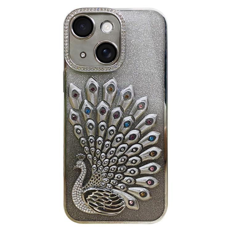 Electroplated TPU Peacock Relief Rhinestone Glitter Phone Case with Lens Film, For iPhone 15 Pro, For iPhone 15, For iPhone 14, For iPhone 14 Pro
