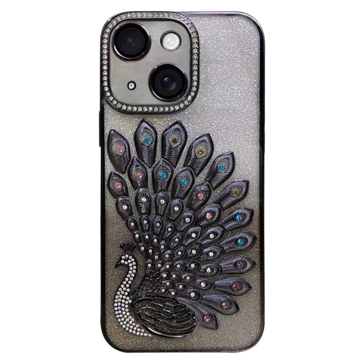 Electroplated TPU Peacock Relief Rhinestone Glitter Phone Case with Lens Film, For iPhone 15 Pro, For iPhone 15, For iPhone 14, For iPhone 14 Pro