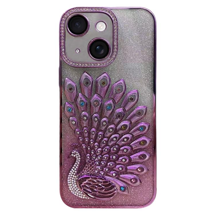 Electroplated TPU Peacock Relief Rhinestone Glitter Phone Case with Lens Film, For iPhone 15 Pro, For iPhone 15, For iPhone 14, For iPhone 14 Pro