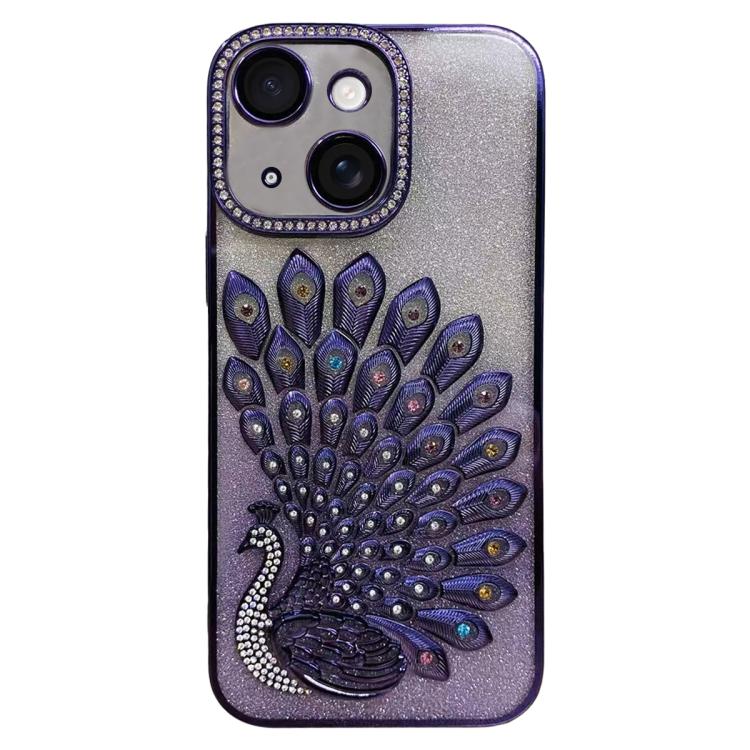 Electroplated TPU Peacock Relief Rhinestone Glitter Phone Case with Lens Film, For iPhone 15 Pro, For iPhone 15, For iPhone 14, For iPhone 14 Pro
