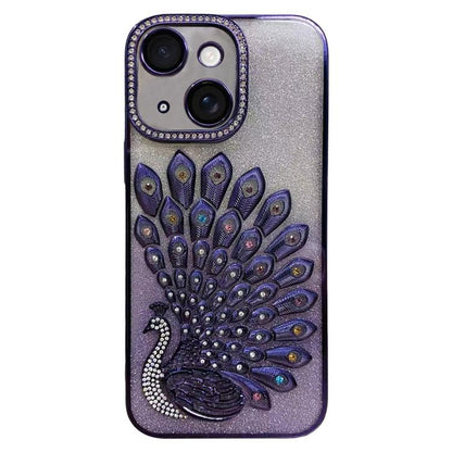 Electroplated TPU Peacock Relief Rhinestone Glitter Phone Case with Lens Film, For iPhone 15 Pro, For iPhone 15, For iPhone 14, For iPhone 14 Pro