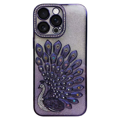 Electroplated TPU Peacock Relief Rhinestone Glitter Phone Case with Lens Film, For iPhone 15 Pro, For iPhone 15, For iPhone 14, For iPhone 14 Pro