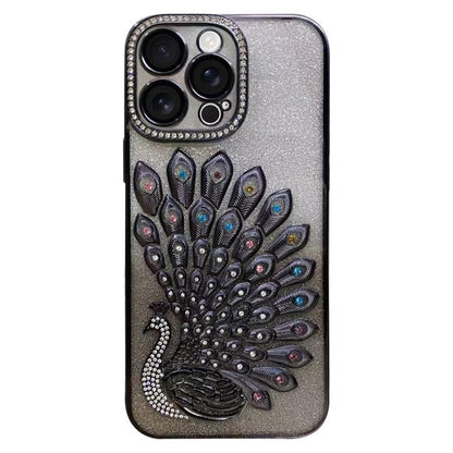 Electroplated TPU Peacock Relief Rhinestone Glitter Phone Case with Lens Film, For iPhone 15 Pro, For iPhone 15, For iPhone 14, For iPhone 14 Pro
