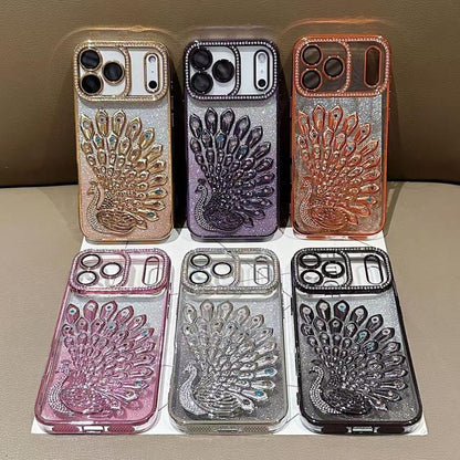 Electroplated TPU Peacock Relief Rhinestone Glitter Phone Case with Lens Film, For iPhone 15 Pro, For iPhone 15, For iPhone 14, For iPhone 14 Pro