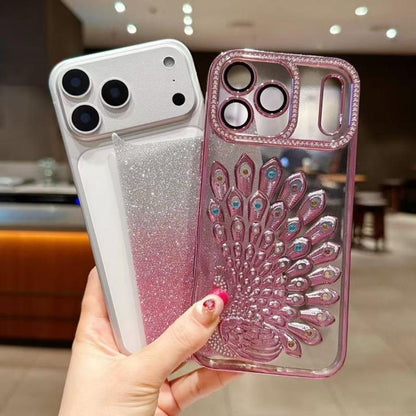 Electroplated TPU Peacock Relief Rhinestone Glitter Phone Case with Lens Film, For iPhone 15 Pro, For iPhone 15, For iPhone 14, For iPhone 14 Pro