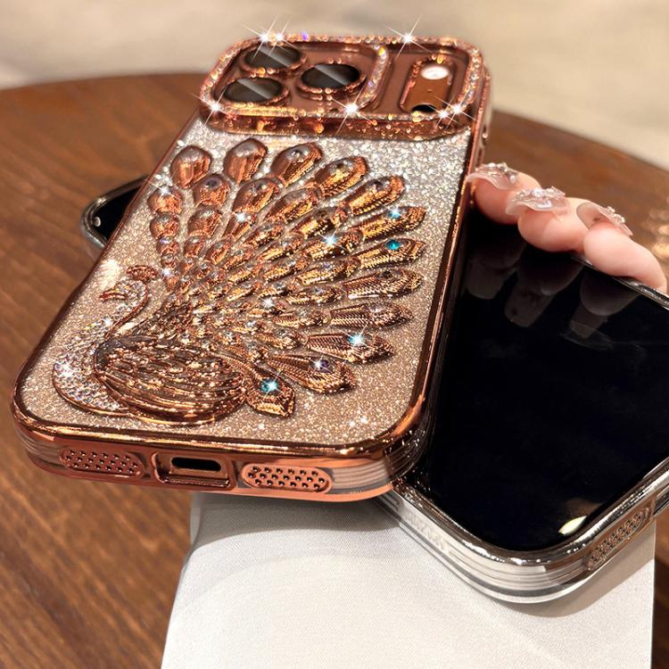 Electroplated TPU Peacock Relief Rhinestone Glitter Phone Case with Lens Film, For iPhone 16 Pro, For iPhone 16 Plus, For iPhone 16, For iPhone 15 Pro Max
