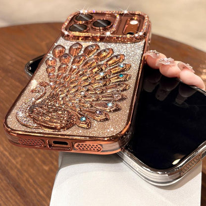 Electroplated TPU Peacock Relief Rhinestone Glitter Phone Case with Lens Film, For iPhone 15 Pro, For iPhone 15, For iPhone 14, For iPhone 14 Pro