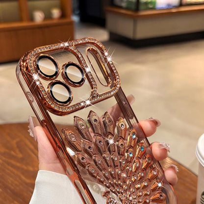 Electroplated TPU Peacock Relief Rhinestone Glitter Phone Case with Lens Film, For iPhone 16 Pro, For iPhone 16 Plus, For iPhone 16, For iPhone 15 Pro Max