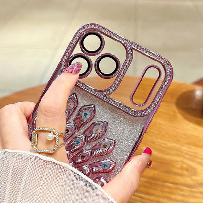 Electroplated TPU Peacock Relief Rhinestone Glitter Phone Case with Lens Film, For iPhone 16 Pro, For iPhone 16 Plus, For iPhone 16, For iPhone 15 Pro Max