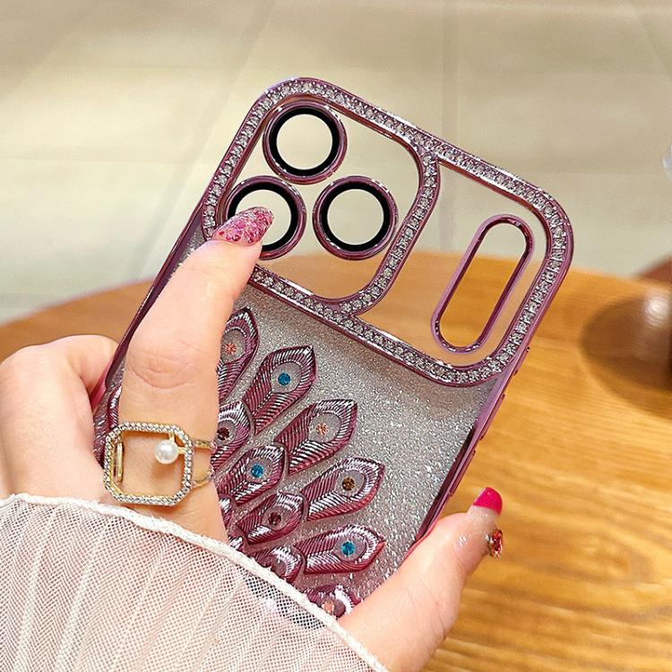 Electroplated TPU Peacock Relief Rhinestone Glitter Phone Case with Lens Film, For iPhone 15 Pro, For iPhone 15, For iPhone 14, For iPhone 14 Pro