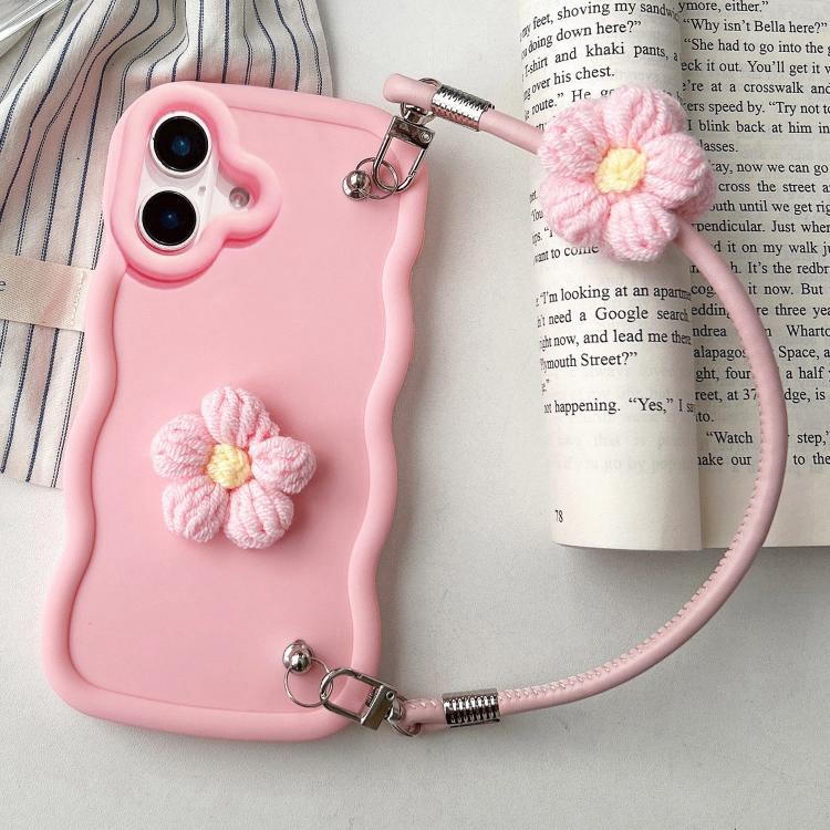 Plush Flower Wavy TPU Phone Case with Lanyard, For iPhone 16, For iPhone 15 Pro Max, For iPhone 15 Pro, For iPhone 15 Plus