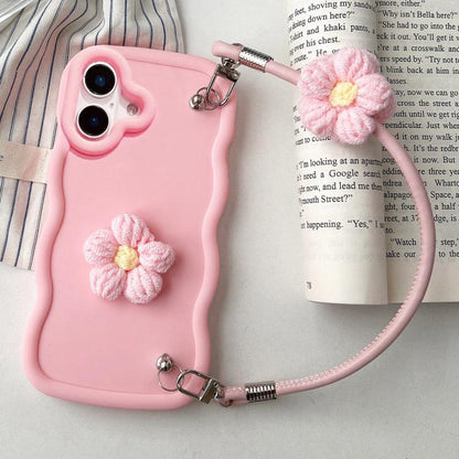 Plush Flower Wavy TPU Phone Case with Lanyard, For iPhone 16, For iPhone 15 Pro Max, For iPhone 15 Pro, For iPhone 15 Plus