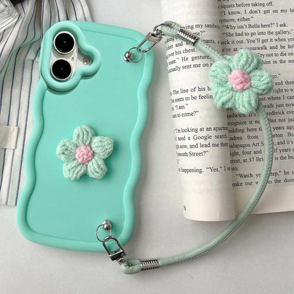 Plush Flower Wavy TPU Phone Case with Lanyard, For iPhone 16, For iPhone 15 Pro Max, For iPhone 15 Pro, For iPhone 15 Plus