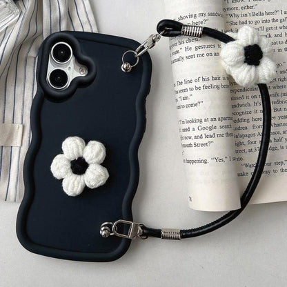 Plush Flower Wavy TPU Phone Case with Lanyard, For iPhone 16, For iPhone 15 Pro Max, For iPhone 15 Pro, For iPhone 15 Plus