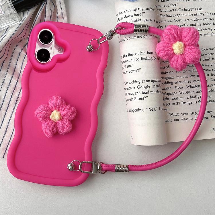 Plush Flower Wavy TPU Phone Case with Lanyard, For iPhone 16, For iPhone 15 Pro Max, For iPhone 15 Pro, For iPhone 15 Plus