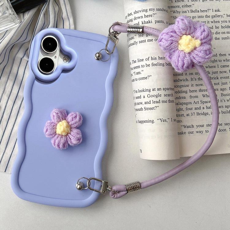 Plush Flower Wavy TPU Phone Case with Lanyard, For iPhone 16, For iPhone 15 Pro Max, For iPhone 15 Pro, For iPhone 15 Plus