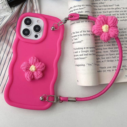 Plush Flower Wavy TPU Phone Case with Lanyard, For iPhone 16, For iPhone 15 Pro Max, For iPhone 15 Pro, For iPhone 15 Plus