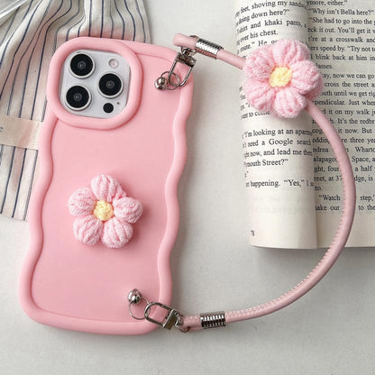 Plush Flower Wavy TPU Phone Case with Lanyard, For iPhone 16, For iPhone 15 Pro Max, For iPhone 15 Pro, For iPhone 15 Plus