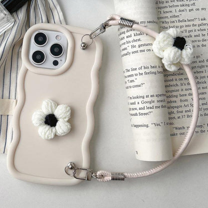 Plush Flower Wavy TPU Phone Case with Lanyard, For iPhone 16, For iPhone 15 Pro Max, For iPhone 15 Pro, For iPhone 15 Plus