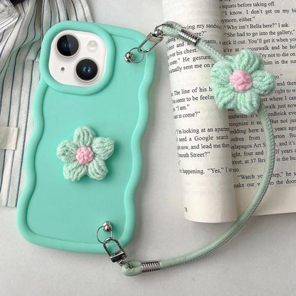 Plush Flower Wavy TPU Phone Case with Lanyard, For iPhone 16, For iPhone 15 Pro Max, For iPhone 15 Pro, For iPhone 15 Plus
