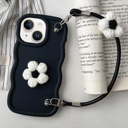 Plush Flower Wavy TPU Phone Case with Lanyard, For iPhone 16, For iPhone 15 Pro Max, For iPhone 15 Pro, For iPhone 15 Plus