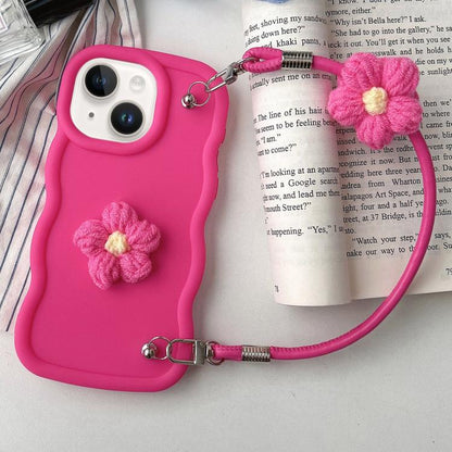 Plush Flower Wavy TPU Phone Case with Lanyard, For iPhone 16, For iPhone 15 Pro Max, For iPhone 15 Pro, For iPhone 15 Plus