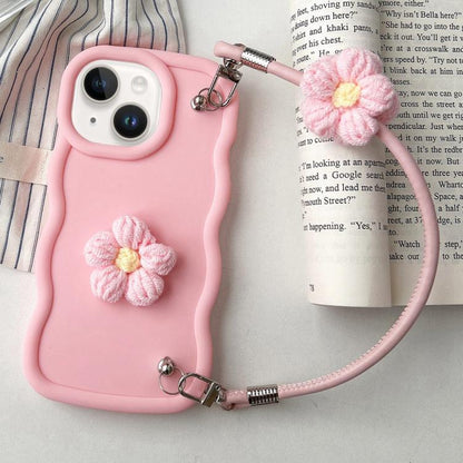 Plush Flower Wavy TPU Phone Case with Lanyard, For iPhone 15, For iPhone 14 Plus, For iPhone 14, For iPhone 14 Pro