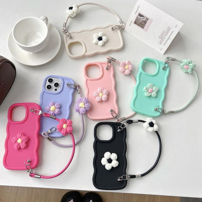Plush Flower Wavy TPU Phone Case with Lanyard, For iPhone 16, For iPhone 15 Pro Max, For iPhone 15 Pro, For iPhone 15 Plus