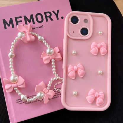 Soft Silicone 3D Bowknot Pearl Phone Case with Beaded Wrist Strap, For iPhone 15 Pro, For iPhone 15, For iPhone 14, For iPhone 14 Pro, For iPhone 14 Pro Max